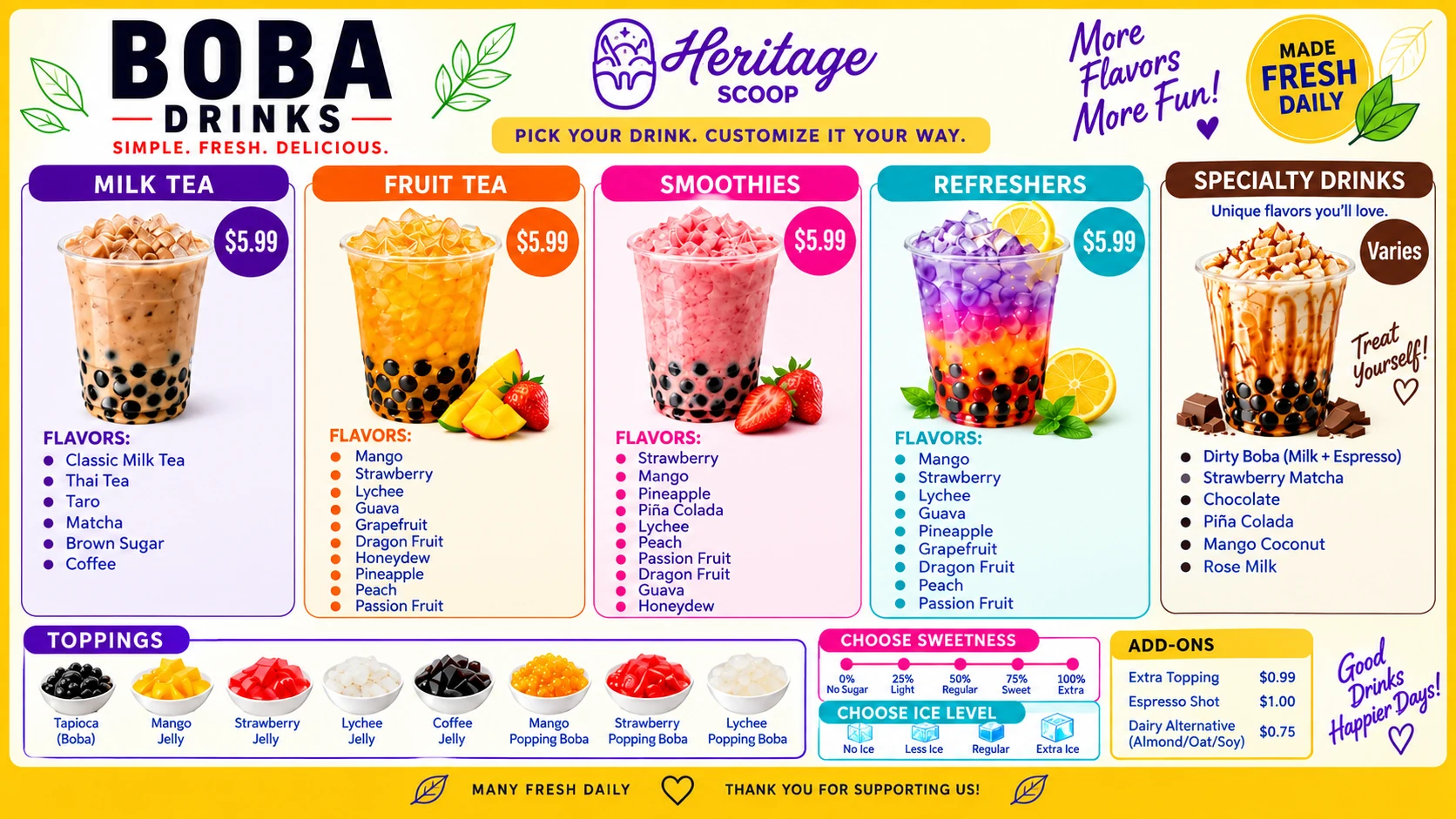 Heritage Scoop Boba Drinks menu board
