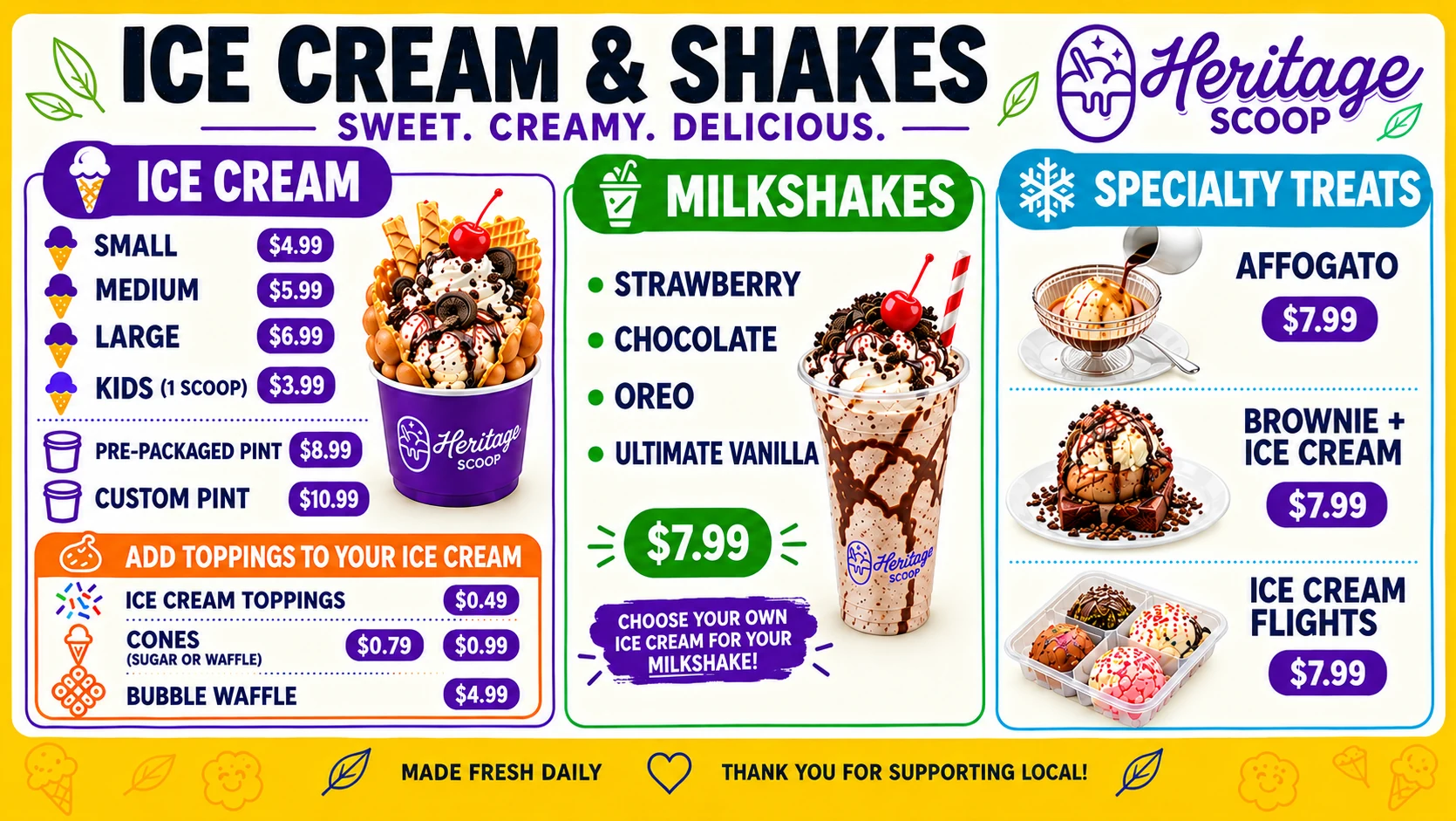 Heritage Scoop Ice Cream and Shakes menu board