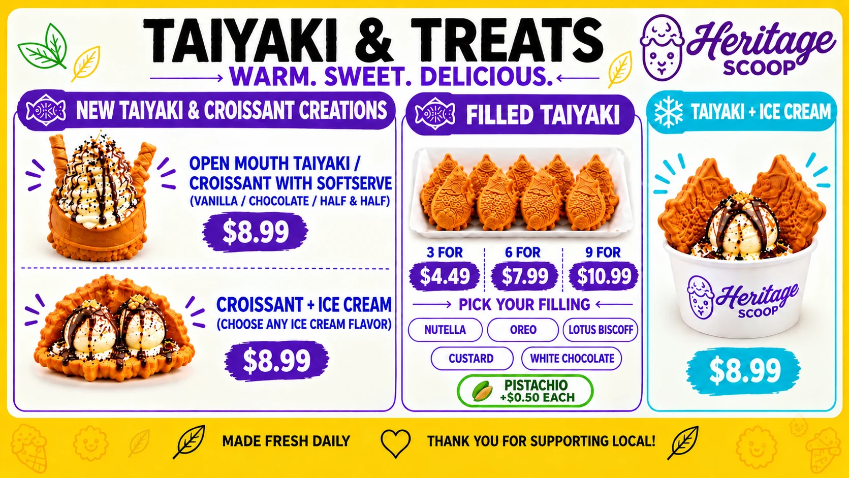 Heritage Scoop Taiyaki and Treats menu board